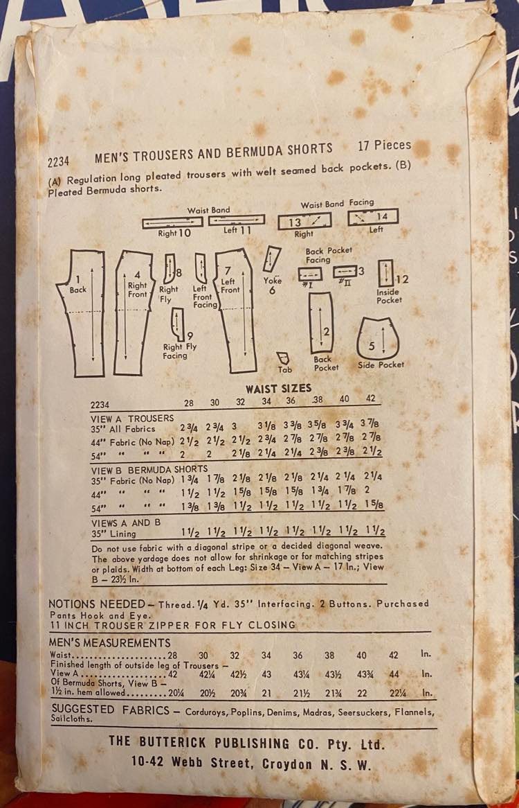 1950's Sewing Pattern: Mens Pants - Slacks Trousers Shorts - Multi-sizes