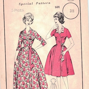 May include: Vintage sewing pattern titled "Woman's Realm Special Pattern." The illustration features two dress designs: one with a pear print and the other a solid pink. The size is indicated as 38.