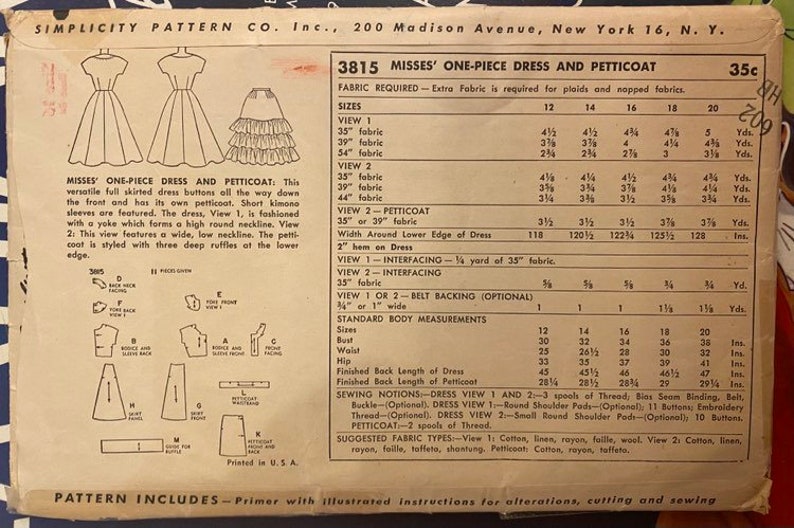 Vintage 1950s Sewing Pattern - One-piece Dress and Petticoat - Bust 34 ...