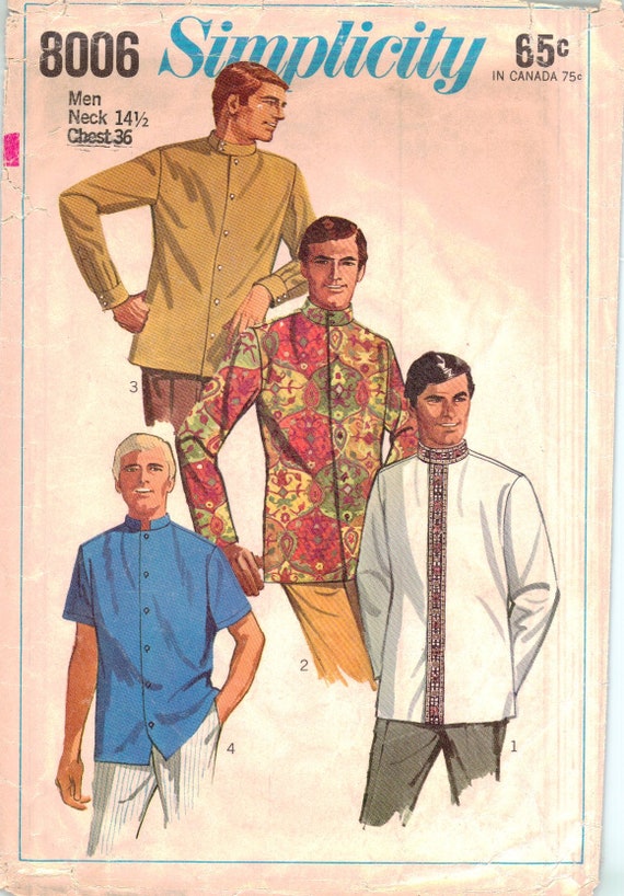 Vintage 1960s Pattern –mens Nehru Jacket, Chest 36