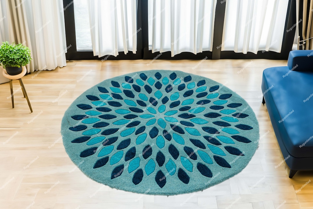 Round Teal Blue Area Rug 100 Wool Hand Tufted Home Decor Rug for