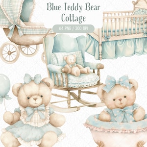 Pacote de clipart de urso de pelúcia azul aquarela, estilo cottagecore de berçário, chá de bebê rural, brinquedos para bebês, design gráfico, download digital