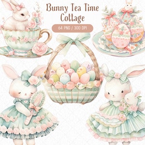 Pacchetto di clipart dell'acquerello Bunny Tea Time, Pasqua Cottagecore Countryside Cottage Springtime Element PNG Graphic Design, Download digitale