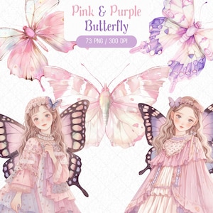 Aquarell rosa & lila Schmetterling Clipart Bundle, Mädchen Cottagecore Stil Land Cottage Frauen PNG Grafikdesign, digitaler Download