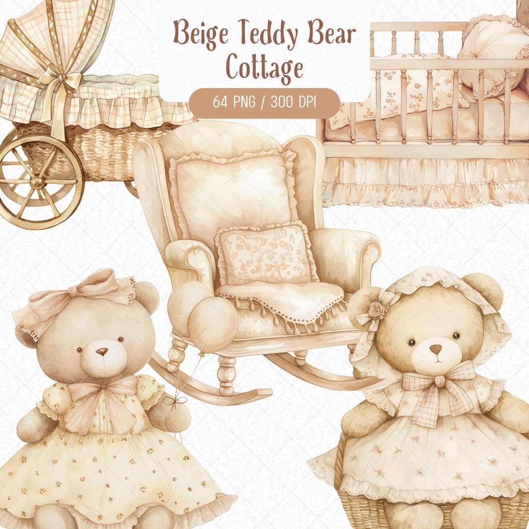 Watercolor Beige Teddy Bear Clipart Bundle, Cottagecore Nursery ...