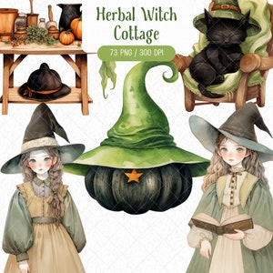 Watercolor Herbal Witch Clipart Bundle, Green Witchcraft Cottagecore Style Countryside Magic Herb PNG Graphic Design, Digital Download