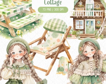 Watercolor Spring Picnic Clipart Bundle, Cottagecore PNG Countryside Cottage Rustic Springtime Element Graphic Design, Digital Download