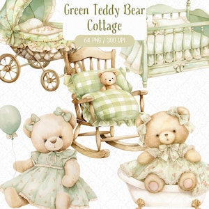 Pacote de clipart de urso de pelúcia verde aquarela, estilo cottagecore de berçário, chá de bebê rural, brinquedos para bebês, design gráfico, download digital