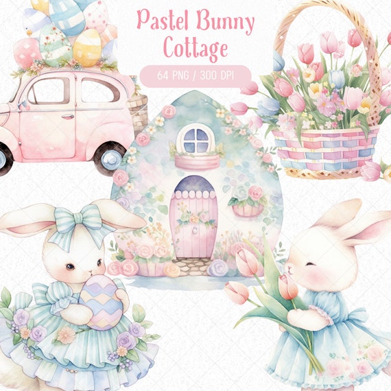 Watercolor Pastel Bunny Clipart Bundle, Cottagecore Easter Graphics (Digital Download)