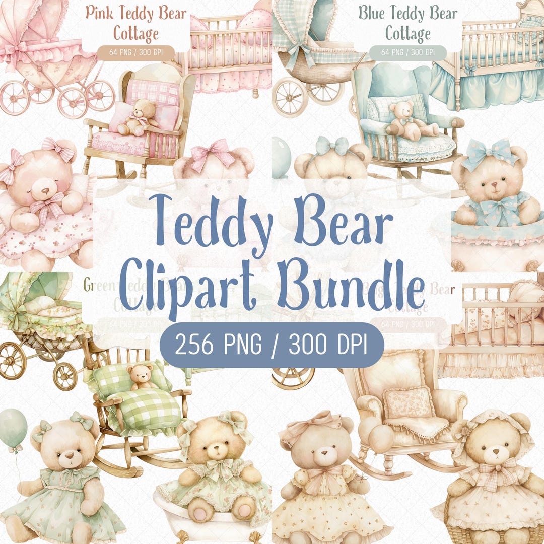 Watercolor Teddy Bear Clipart Bundle, Cottagecore Nursery PNG (digital ...