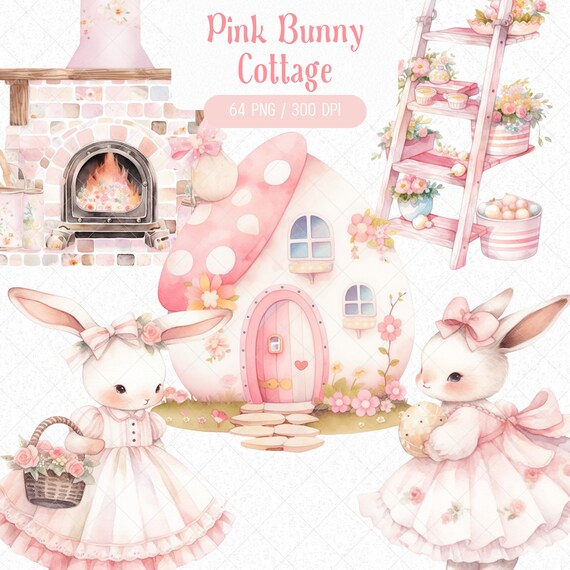 Watercolor Pink Bunny Clipart Bundle, Cottagecore Easter Graphics (Digital Download)