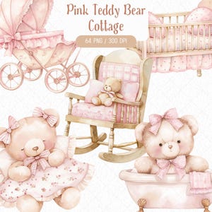Bundle de cliparts aquarelle rose ours en peluche, chambre d'enfant Cottagecore campagne Shower de bébé PNG jouets pour bébé conception graphique, téléchargement numérique