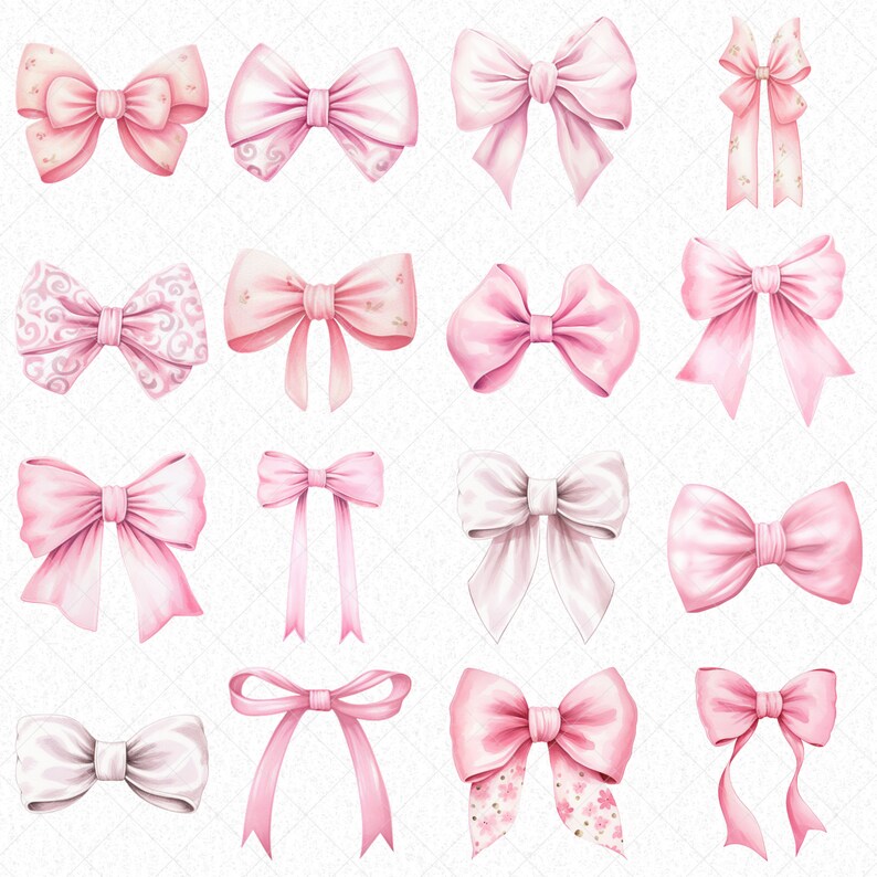 Watercolor Pink Bow Girl Clipart Bundle, Ribbon Cottagecore Style