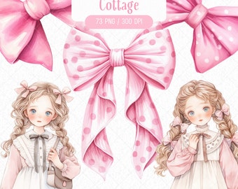 Watercolor Pink Bow Girl Clipart Bundle, Ribbon Cottagecore Style Countryside Cottage Rustic Decoration PNG Graphic Design, Digital Download