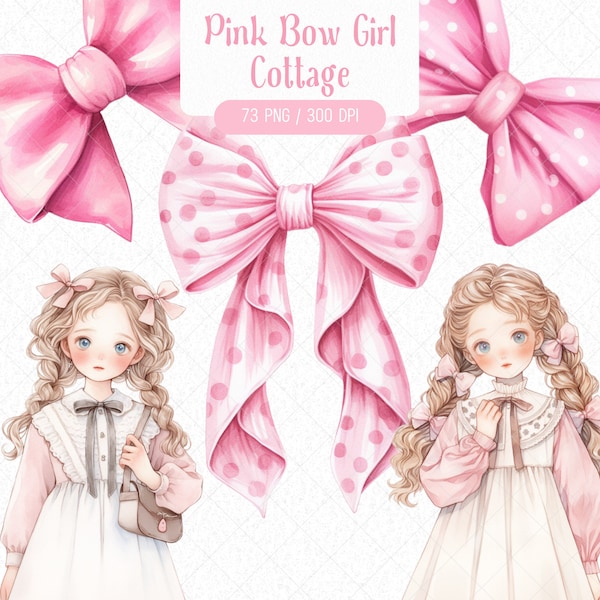 Watercolor Pink Bow Girl Clipart Bundle, Ribbon Cottagecore Style Countryside Cottage Rustic Decoration PNG Graphic Design, Digital Download