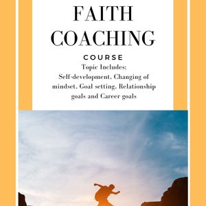 Puede incluir: Una silueta de una persona saltando sobre un hueco entre dos colinas con una puesta de sol en el fondo. El texto "LOVE AND FAITH COACHING" está en la parte superior de la imagen. El texto "COURSE" está debajo. El texto "Topic Includes: Self-development, Changing of mindset, Goal setting. Relationship goals and Career goals" está debajo. El texto "NICOLE CLEVELAND" está en la parte inferior de la imagen.