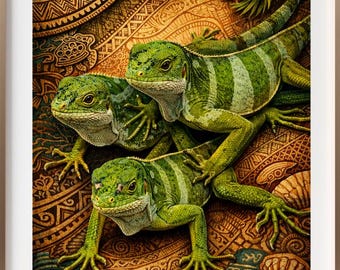 Posing Fijian Crested Iguanas of Mystery Island Limited & Exclusive A3 Print