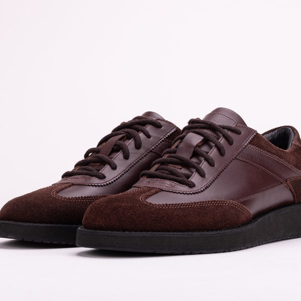 QUIVE London Bicester Mens Low Top Sneakers Hand Stitched Shoes Brown Leather and Suede High Quality Leather Hand Made and Rubber Sole