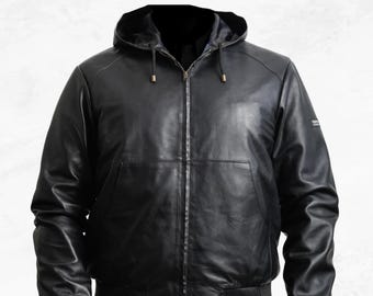 Hoodie Men's Premium Full Grain Sheepskin Leather Jacket