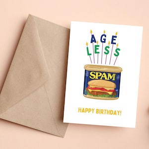 Cartão de aniversário engraçado com SPAM - Design de vela "AGELESS" - Cartão de felicitações com humor gastronômico retrô
