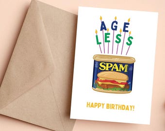 Divertida tarjeta de cumpleaños de SPAM - Diseño de vela "EDAD SIN EDAD" - Tarjeta de felicitación con humor gastronómico retro