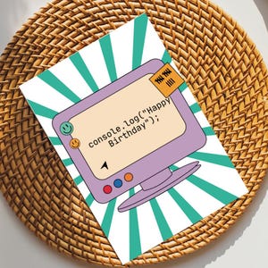 console.log("Happy Birthday")-wenskaart – grappige JavaScript-verjaardagskaart voor programmeurs – verjaardagscadeau programmeur