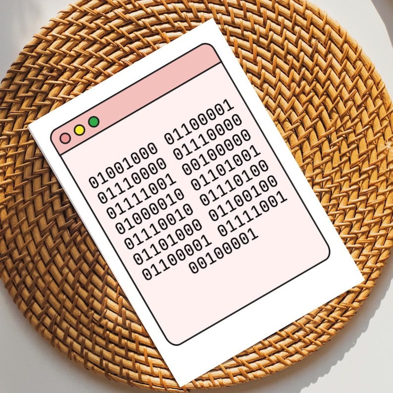 May include: A pink and white digital window with a line of binary code: 01001000 01100001 01110000 01110000 111001 00100000 1000010 01101001 01110010 01110100 01101000 01100100 01100001 01111001 00100001