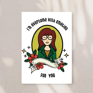 Tarjeta de San Valentín de Daria Morgendorffer de MTV, años 90, interior en blanco, estética Tumblr, saludo nostálgico, idea de regalo peculiar