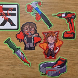 May include: A collection of six stickers featuring a white sign with black bars and red splatters, a hammer with nails, a red power drill, a character holding a knife, a fox-like character, a green combat knife, and a gray collar with a red device.