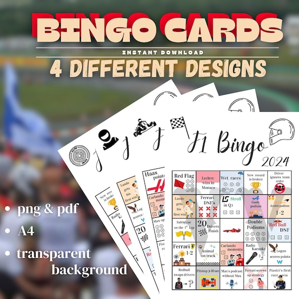 4 Unique Digital Formula 1 Bingo Cards 2024 - Racing Game for Fans, Perfect for Race Day Fun and Entertainment - Instant Download