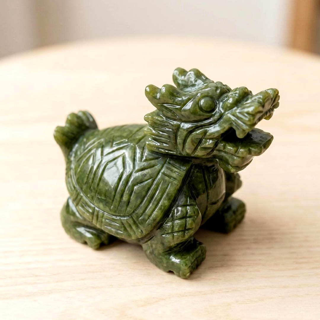 Natural Green Jade Dragon Turtle, Feng Shui Decor for Office
