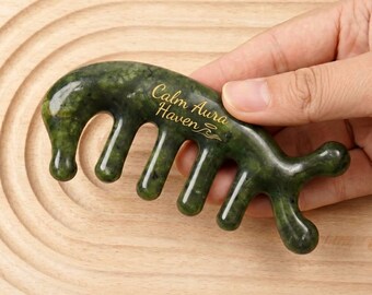 Personalized Natural Jade Scalp Comb, Engraved Hair Brush, Meridian Massage Tool, Handcrafted Gemstone Gua Sha, Unique Birthday Gift