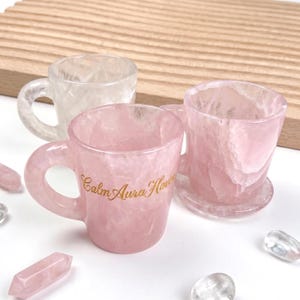 Hand-Carved Rose Quartz Heart Coffee Mug Set, Crystal Tea Cups, Romantic Boho Drinkware for Wedding Favors, Customizable Valentine’s Gift