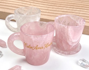 Hand-Carved Rose Quartz Heart Coffee Mug Set, Crystal Tea Cups, Romantic Boho Drinkware for Wedding Favors, Customizable Valentine’s Gift