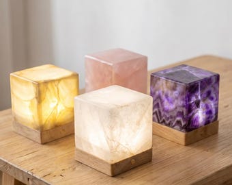 Rosenquarz Kristall Lampe, Heilendes Kristall Nachtlicht, Amethyst Bergkristall Würfel Lampe, USB Romantisches Wohnkultur Geschenk