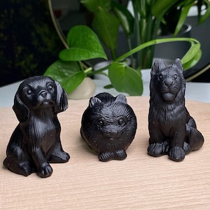 Natural Black Obsidian Dog Carving, Crystal Labrador, Crystal Pomeranian, Crystal Wolfdog, Crystal Yuanbao Dog,  Christmas Home Decor
