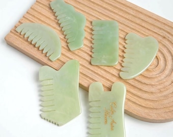 Peine de bolsillo de jade natural, cepillo de masaje capilar de cristal, herramienta para el cabello Gua Sha, peine de piedras preciosas único, regalo para el autocuidado