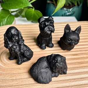 Natural Black Obsidian Dog Carving, Crystal Schnauzer, Crystal Corgi, Crystal Pomeranian, Dog Statues, Birthday Gift, Christmas Home Decor