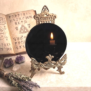 Black Obsidian Scrying Mirror with Normal Stand, Matte Crystal Divination Plate, Spiritual Shadow Work Tool, Mindfulness Meditation Gift