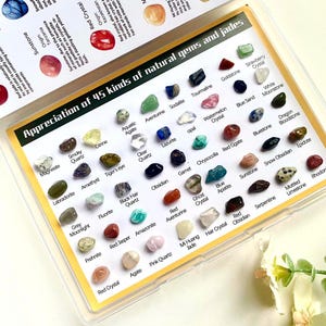 Op de afbeelding: Een display van 45 natuurlijke edelstenen en jades, waaronder amethist, obsidiaan en kwarts, gerangschikt op een witte achtergrond. De namen van elke steen staan eronder. De display zit in een doorzichtige plastic hoes.