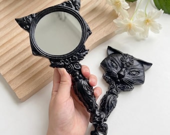 Natural Obsidian Cat Mirror, Flame Stone & White Jade Handheld Mirror, Witchy Vanity Decor, Carved Gemstone Handheld Mirror, Unique Gift