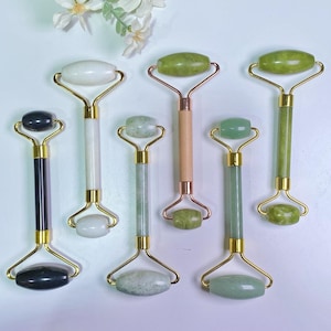 Natural Jade Rolling Massage Tool, Crystal Face Roller, Handle Jade Roller for Face and Eyes, Healing Crystal Facial Massager Birthday