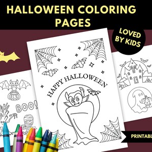 May include: Three black and white Halloween coloring pages featuring a vampire, a ghost, and a haunted house. The pages are printable and labeled "Happy Halloween", "Boo!" and "Printable PDF".