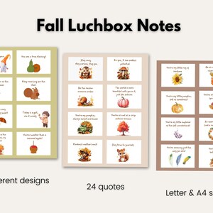以下が含まれることがあります： 秋のイラストと引用文が書かれた、印刷可能なランチボックス用メモ24枚セット。メモには、かぼちゃ、リス、葉っぱ、その他の秋の要素の画像が描かれています。メモはレターサイズまたはA4サイズの用紙に印刷するように設計されています。