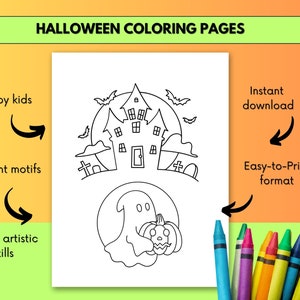 May include: Black and white coloring page featuring a haunted house with a ghost and a pumpkin. The page is perfect for kids to color and enjoy the Halloween season.