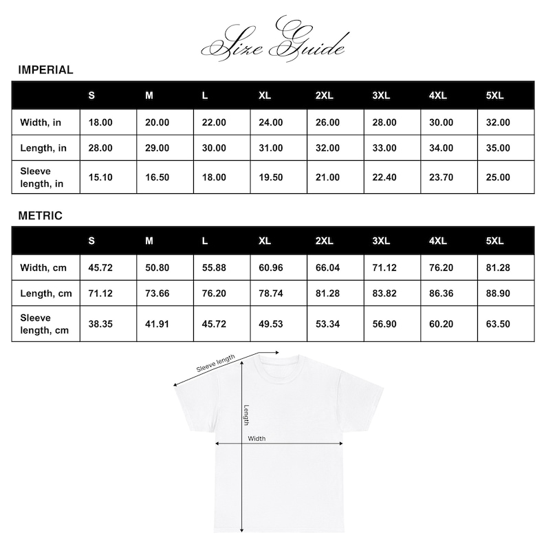 Peut inclure: Tableau des tailles pour un t-shirt avec des mesures en pouces et en centim&egrave;tres. Le tableau indique la largeur, la longueur et la longueur des manches pour les tailles S &agrave; 5XL.