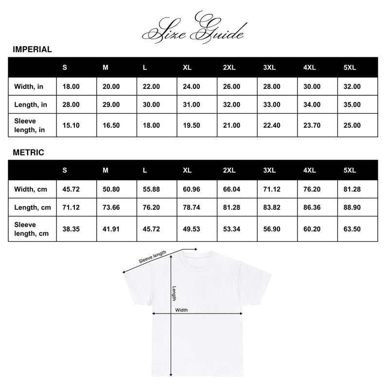 May include: A size guide chart for t-shirts, displaying measurements in inches and centimeters. The chart includes width, length, and sleeve length for sizes S through 5XL. A white t-shirt graphic illustrates measurement points.