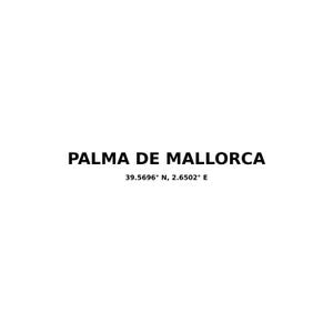 以下が含まれることがあります： 白い背景に、太字の黒い文字で「PALMA DE MALLORCA」と書かれています。その下に、座標「39.5696° N, 2.6502° E」が小さなフォントで表示されています。シンプルでクリーンな画像です。