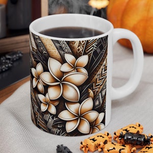 Plumeria Flower Coffee Mug, Polynesian Tribal Coffee Mug, Hawaiian Tribal Coffee Mug, Samoan Tribal Mug, Personalized Mug, Custom Coffee Mug