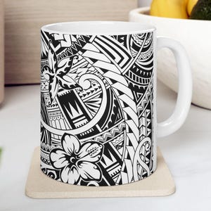 Hawaiian Tribal Ceramic Mug, 11oz, 15oz, Polynesian Plumeria Floral Mug, Custom Coffee Mug, Tribal Designed Coffee Cup, Da Kine Tribal Mug